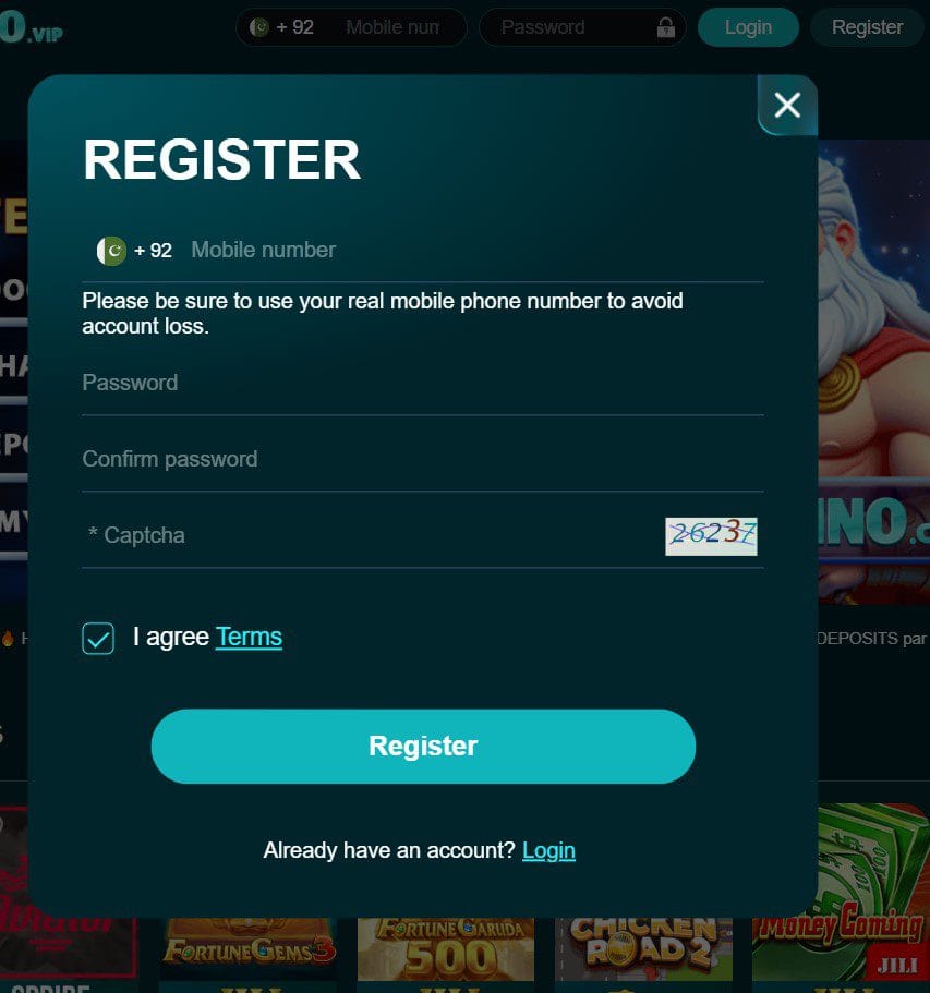 Sign up window box for PKCasino app registration requiring active mobile number and password setup