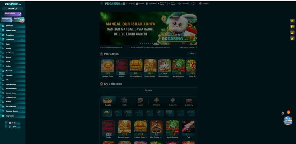 PK Casino game lobby displaying slot collections and Aviator mini-games
