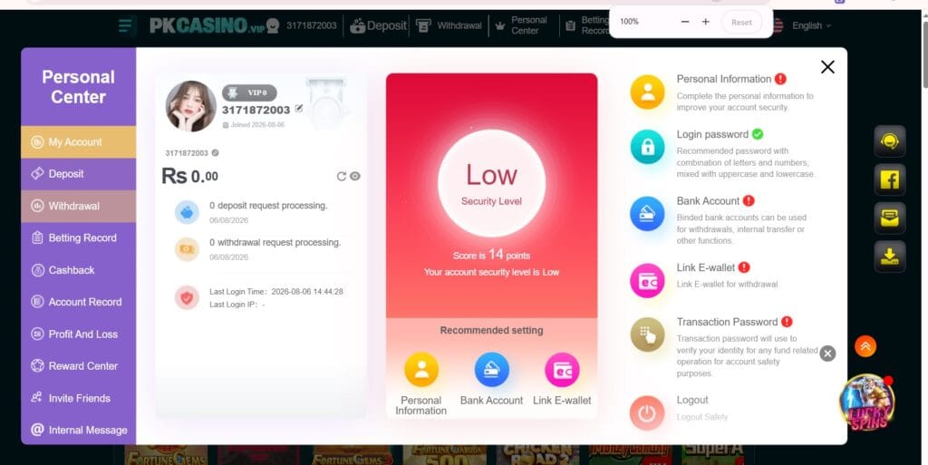 Inside the PK Casino login dashboard featuring daily salary system data fields