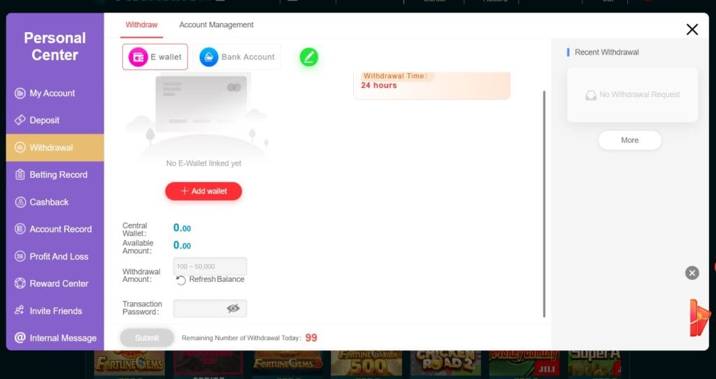 PK Casino withdrawal panel with local Pakistani payment options like JazzCash and EasyPaisa