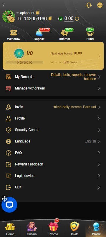 PKR 999 Game APK Download – Tested on Android (Pixel 8a) 4 PKR 999 game dashboard showing VIP level V0 balance and manage withdrawal options