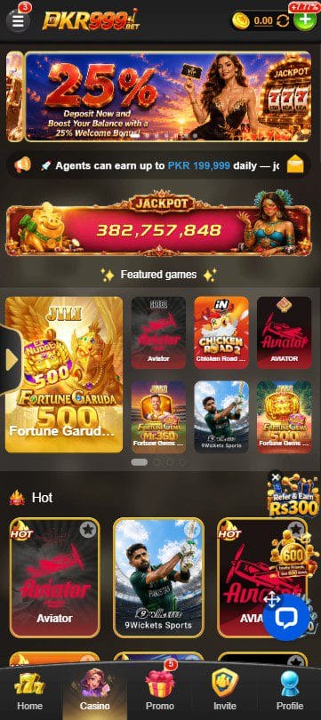 PKR 999 Game APK Download – Tested on Android (Pixel 8a) 2 PKR 999 game home screen showing Aviator slots and featured games with deposit bonus banner
