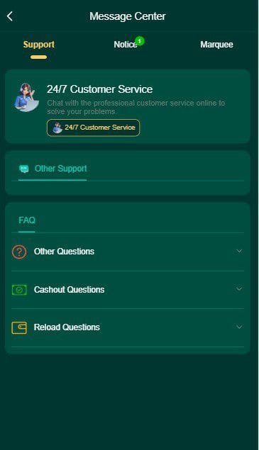 RS33 Game customer support screen with 24/7 service and FAQ options