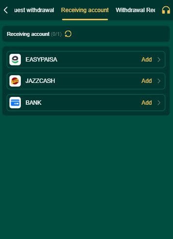 RS33 Game withdrawal screen showing Easypaisa, JazzCash and bank account options