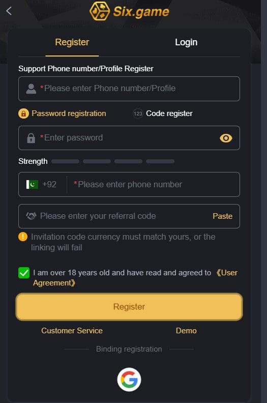 Six Game (6 Game) APK Download – Real Testing on Android (Pakistan) 5 Six Game profile creation and account register window with SMS OTP validation fields