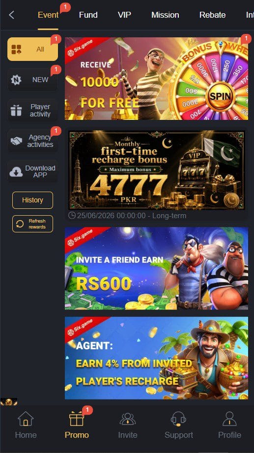 Six Game (6 Game) APK Download – Real Testing on Android (Pakistan) 3 Six Game promo tab displaying massive first time deposit bonuses and cash credits