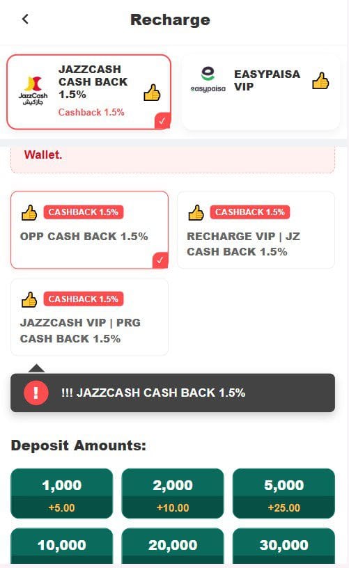 Winpaisa deposit screen showing JazzCash EasyPaisa cashback 1.5 percent and PKR amounts