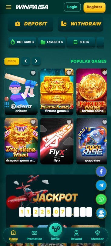 Winpaisa app home screen showing slots games like Fortune Gems FlyX and deposit withdraw buttons