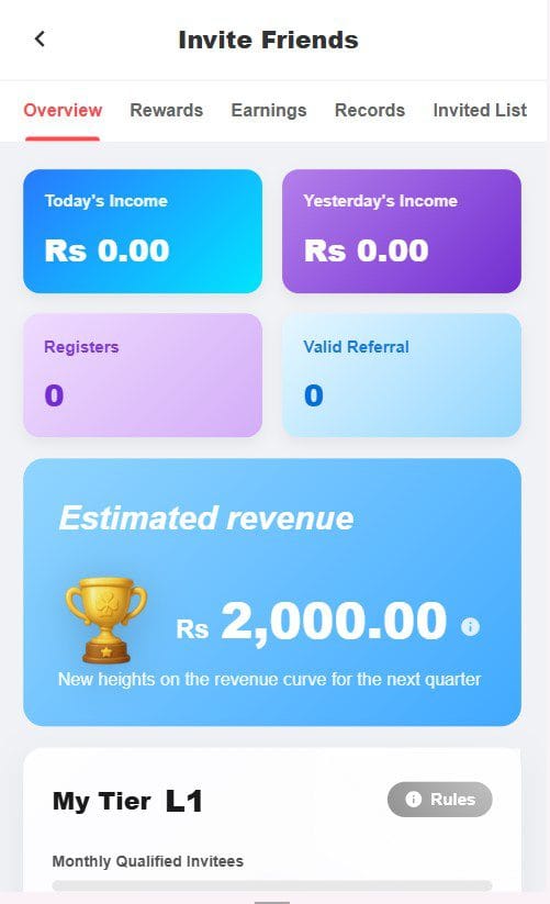 Winpaisa invite friends screen showing income dashboard and estimated revenue 2000 rupees