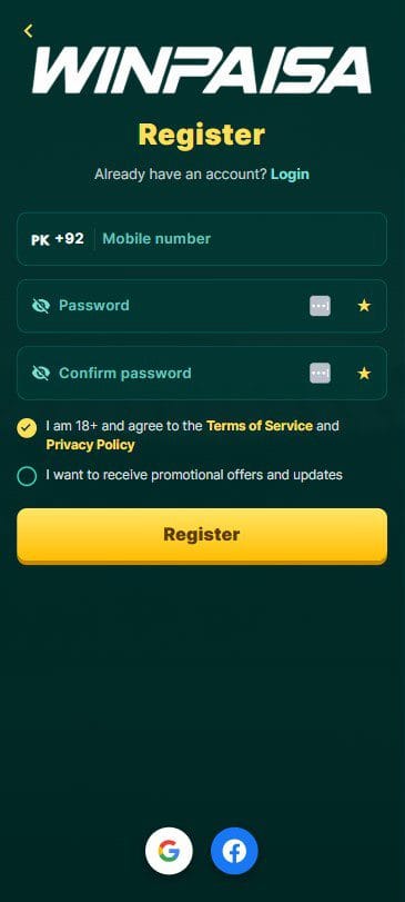 Winpaisa registration screen with Pakistan +92 mobile number and password fields