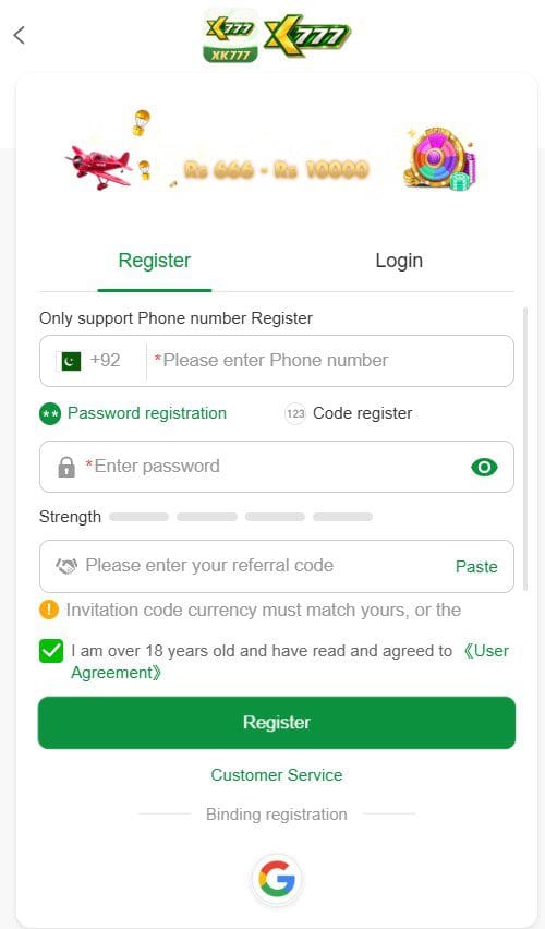 Phone number registration screen with country code (+92) for downloading XK777 for Android