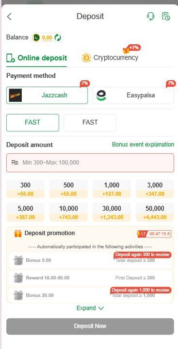 Online deposit amounts and payment methods like JazzCash and Easypaisa in the 777xk app