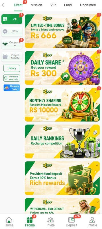 Daily share, invitation bonus, and promotional reward banners inside the XK777 game latest version