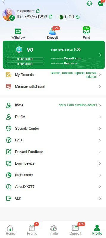 User profile dashboard showing account ID, PKR balance, and settings for the XK777 APK