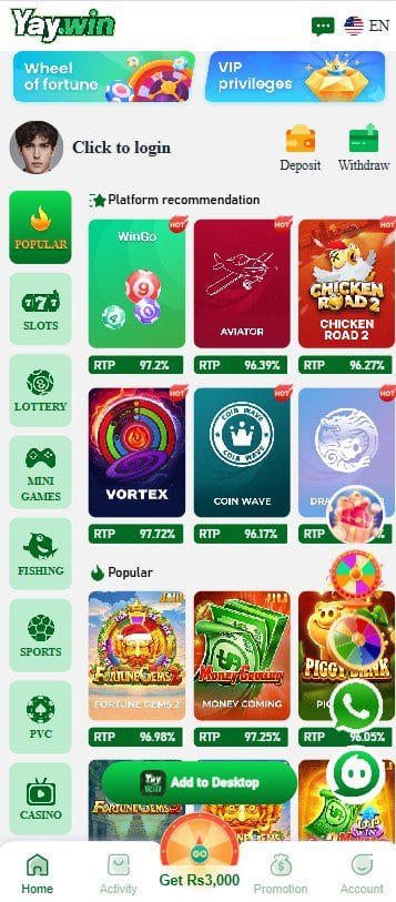 YayWin game dashboard showing slots aviator chicken road vortex coin wave games with RTP percentages