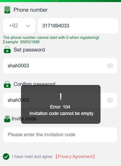YayWin Game registration error showing invitation code required and error 104 message on Android