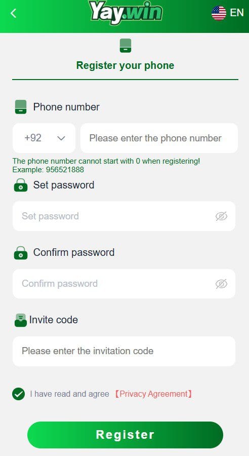 YayWin APK registration form with phone number password confirm password and invite code fields