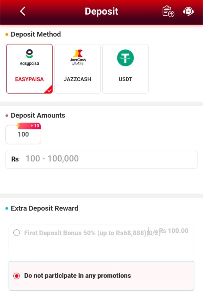 View the secure deposit screen showing local payment options like Easypaisa, JazzCash, and USDT integrated into the ZOR77 Game APK Download.