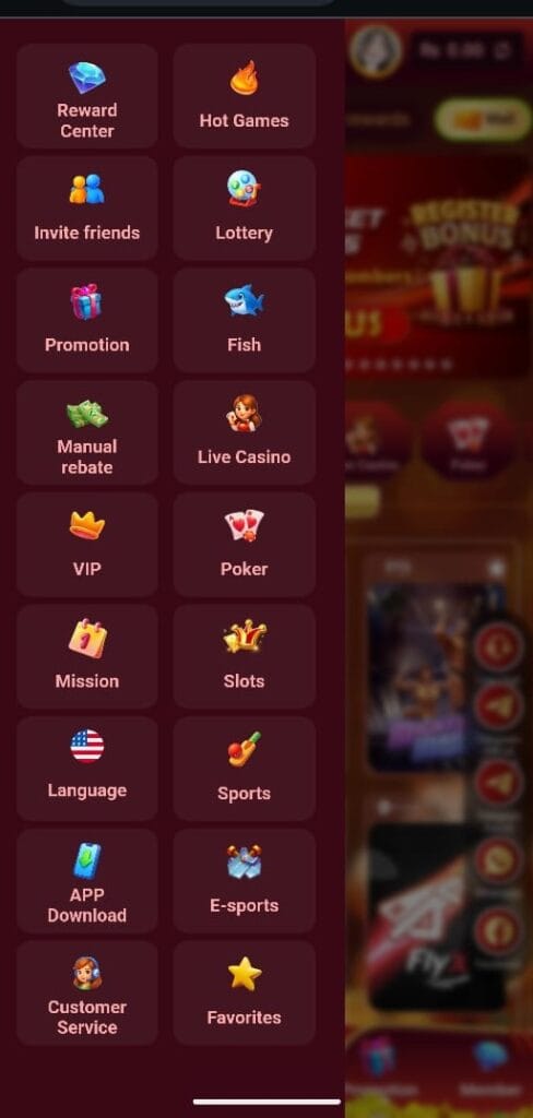 Take a look at the slide-out navigation menu displaying hot games, lotteries, and customer service options accessible through the ZOR77 Game APK Download