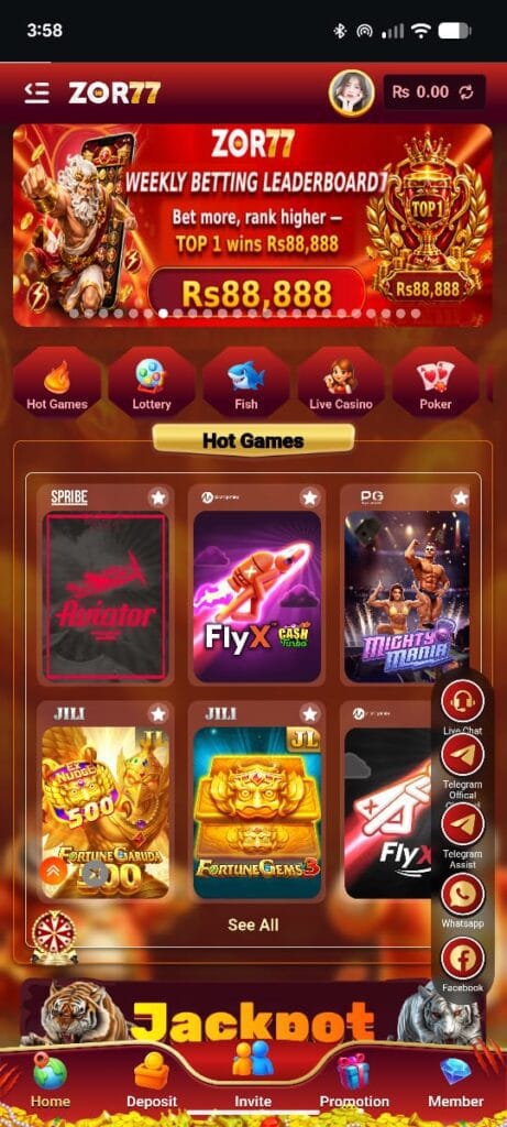 Discover the main dashboard interface highlighting weekly betting leaderboards, prize pools, and top slot categories inside the ZOR77 Game APK Download