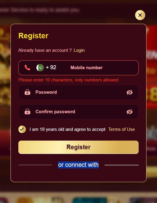 Access the mobile number signup and registration form required to create your account after your ZOR77 Game APK Download.