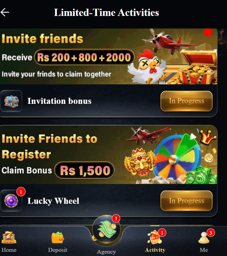 222RS Game invitation bonus and Lucky Wheel activity screen