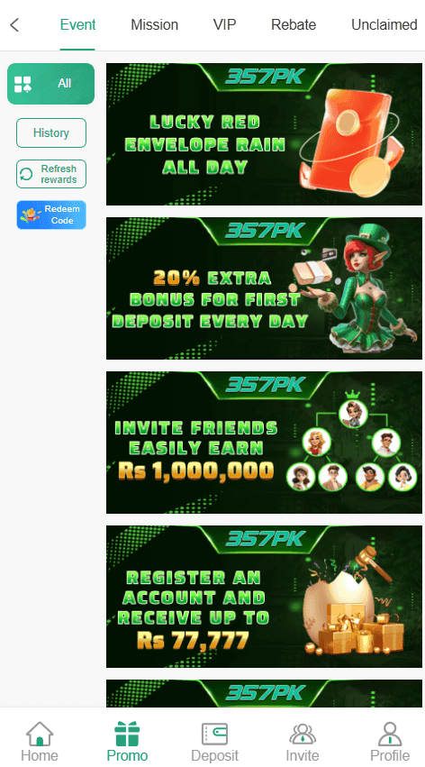 357PK Download 2026: Features, Registration Process and Rewards System 3 357PK Game Promo screen showing first deposit bonus tiers, daily lucky red envelopes, and referral rewards program up to Rs 1,000,000.