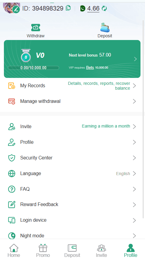 357PK Download 2026: Features, Registration Process and Rewards System 4 357PK Game profile menu showing user account ID 394898329, V0 VIP progress meter, withdrawal settings, and security center options.
