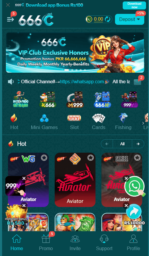 Main app lobby in 666C Game APK displaying featured mini-games, category shortcuts, and top PKR balance display