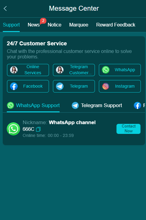 Message Center in 666C Game app featuring direct support links for WhatsApp, Telegram, and live chat