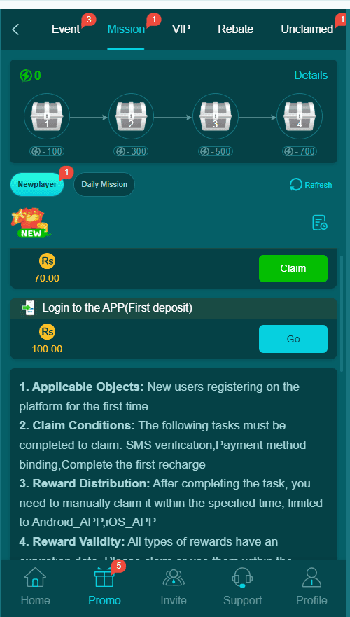 666C Game mission screen displaying new player Rs 70 claimable bonus and energy chest reward tiers