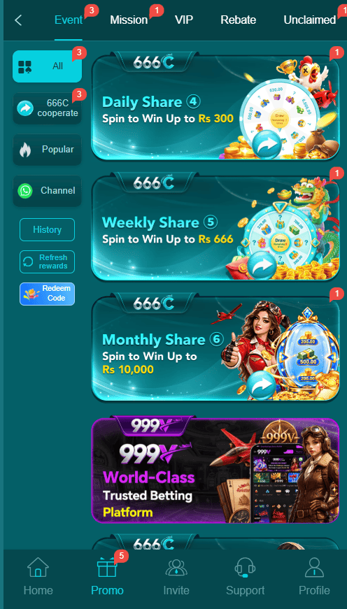 Promo tab in 666C Game featuring daily, weekly, and monthly share reward wheels up to Rs 10,000