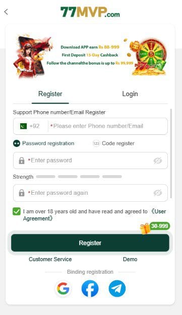 77mvp game account registration screen
