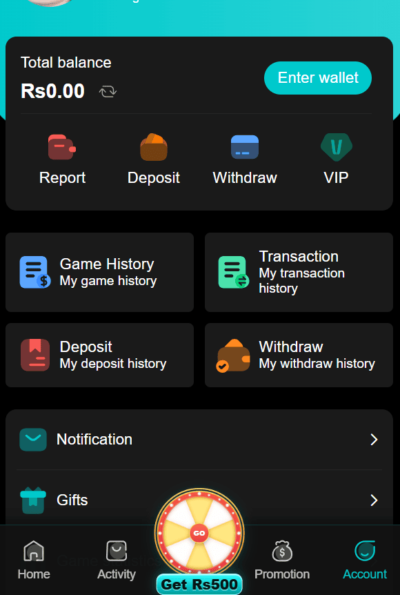 77PKR1 Game APK download account menu on Android showing total balance in PKR, direct wallet access, deposit and withdrawal history options, and bottom navigation bar.