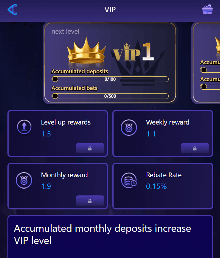 VIP 1 level-up progress track and rebate rates dashboard inside 81CC Game APK