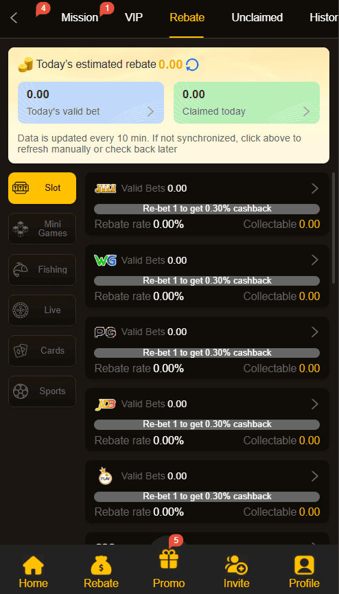 8555BET APK rebate tracking page showing category-wise cash-back percentages for slots, mini-games, and sports.