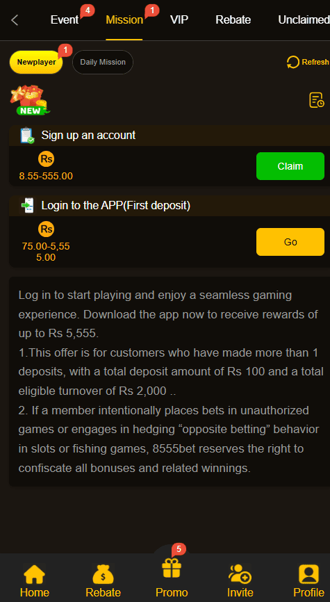 8555BET APK Mission tab showing signup account rewards up to Rs 5555 and deposit bonus conditions.