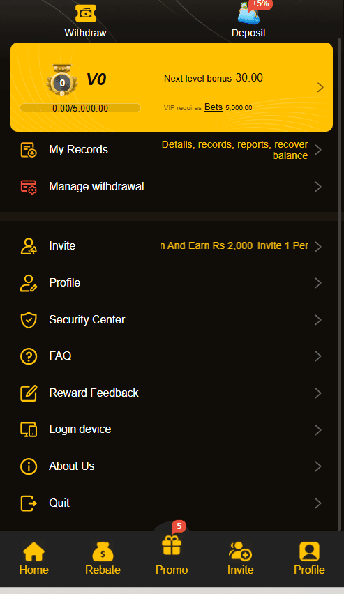 8555BET App profile dashboard displaying account settings, withdraw options, security center, and invite links.