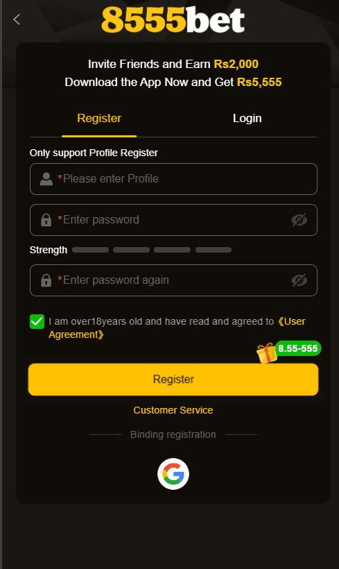 8555BET App sign up screen with profile registration fields, password setup, and 18+ age checkbox.