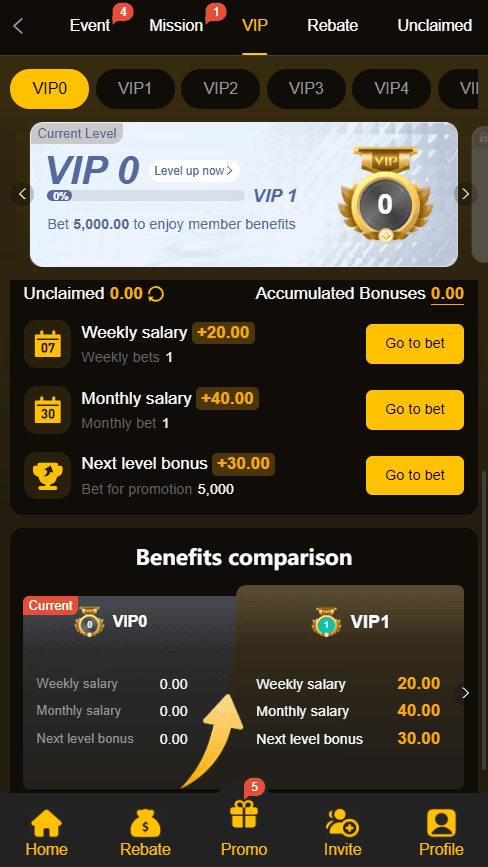 8555BET Game download VIP membership section comparing VIP0 and VIP1 tier benefits including weekly and monthly allowances.