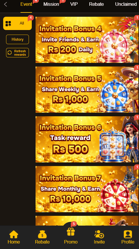 8555BET Game event menu listing daily, weekly, and monthly referral bonuses for inviting friends.