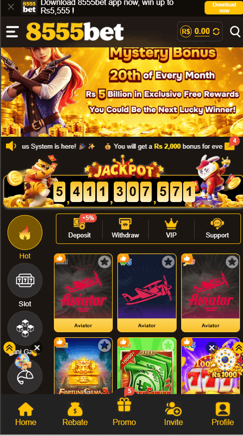 8555BET Game APK home dashboard on Pixel 8a displaying live jackpot counter, Aviator mini-game, and Fortune Gems 3.
