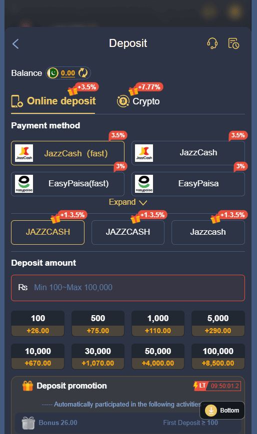 TR2026 Game deposit screen showing JazzCash, EasyPaisa, and Crypto payment methods with bonus tiers