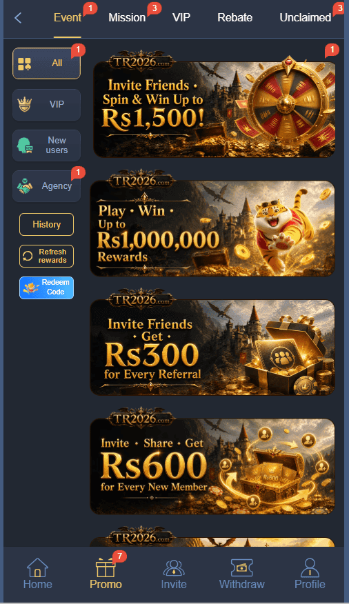 TR2026 Game promo screen displaying invite friend rewards up to Rs 1500 and referral bonuses
