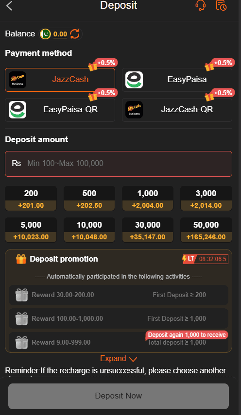 A screenshot of the AR999 Game application's deposit section. It shows payment options including JazzCash and EasyPaisa with a +0.5% bonus. Preset deposit amount buttons are Rs 200, Rs 500, Rs 1,000, Rs 3,000, Rs 5,000, Rs 10,000, Rs 30,000, and Rs 50,000, each with a calculated bonus. A promotional countdown timer is active.