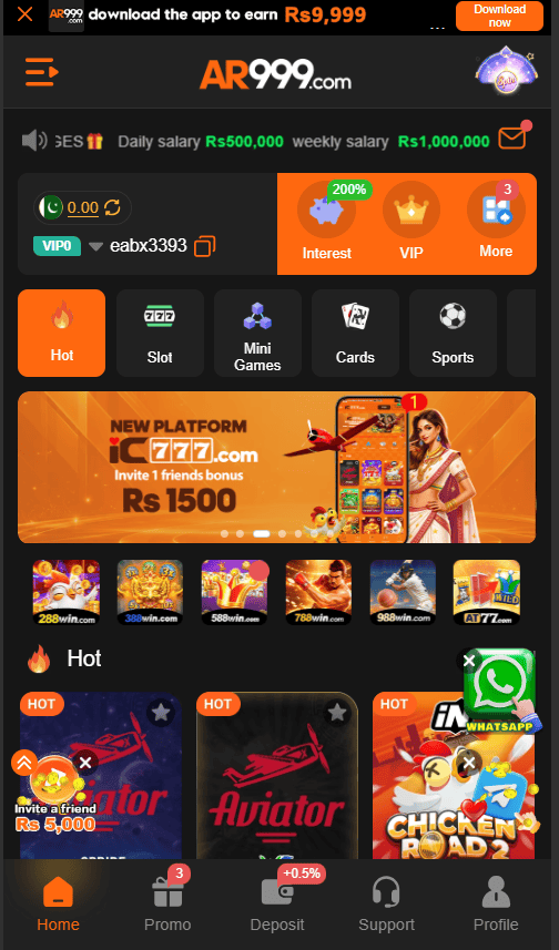 A screenshot of the AR999 Game Android application's main home lobby. Features game categories (Hot, Slot, Mini Games, Cards, Sports). Displays a top reward banner, a central partner promotion, a grid of game icons including Aviator and Fortune Gems, and a floating WhatsApp support button.