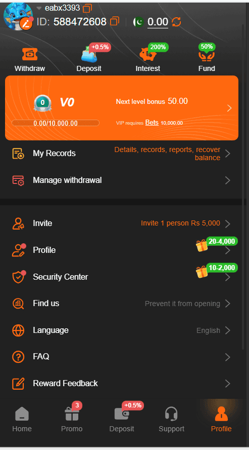 A screenshot of the AR999 Game Android application profile menu. It displays user ID 588472608, a 0.00 PKR balance, a VIP0 progress bar requiring Rs 10,000 in bets for level up, quick access buttons like 'Manage withdrawal' and 'My Records', and referral bonus offers.