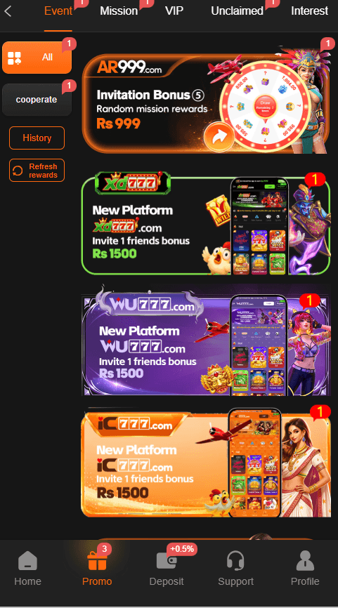 A screenshot of the AR999 Game Android app's promotion and event section. Features a multi-tab interface (Event, Mission, VIP, Interest). Main banners show an 'Invitation Bonus Rs 999' with a wheel of fortune, and new partner platform offers like Xd777 and WU777 providing Rs 1500 referral bonuses.