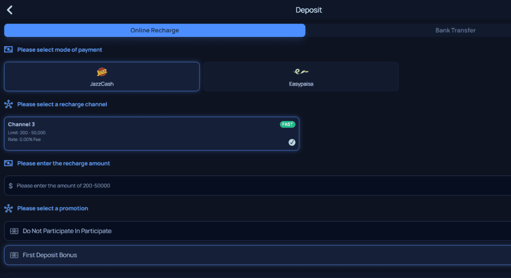 BINGOPK Game online recharge deposit panel showing JazzCash and EasyPaisa payment channels with PKR 200 to 50000 limits.