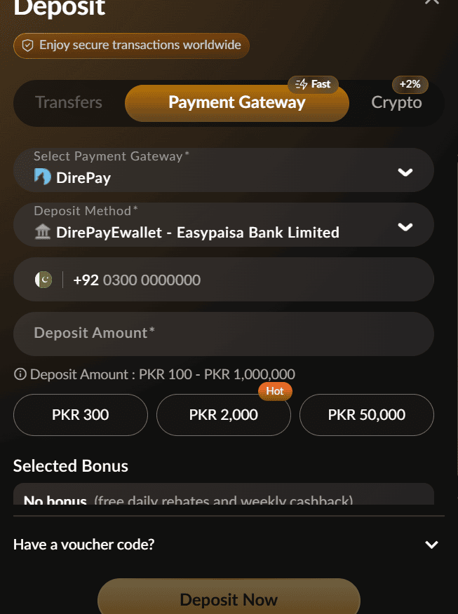 CROWN88 deposit interface showing DirePay gateway with EasyPaisa Bank Limited selected and custom PKR amount quick-select chips.